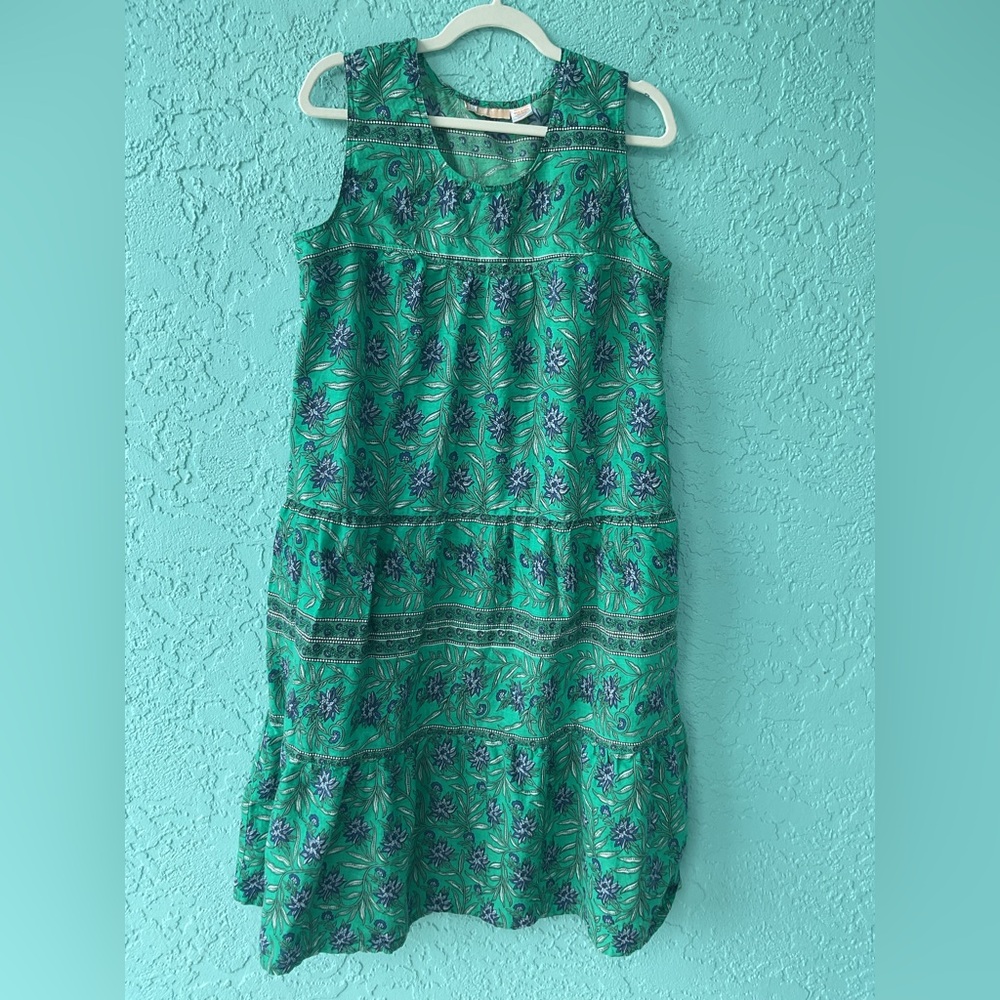 LaCera Sleeveless All Cotton Green Print Tiered Dress Large